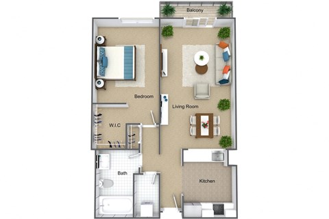 Floor plan for 1 bed, 1 bath, 700 sqft
